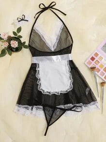 4 piezas vestido traje halter con malla ribete con encaje