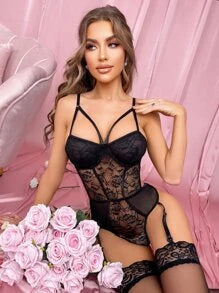 Body teddy con encaje floral con aro con liga con 1 par medias